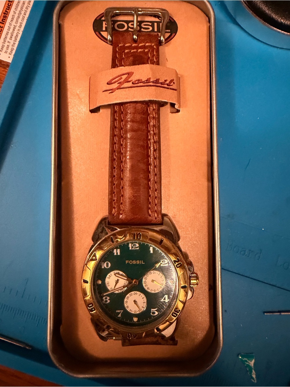 RARE Vintage Fossil Chrono-Style Watch On Original Band and Original Tin